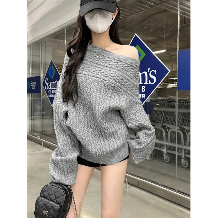 气质新款杏色一字肩长袖针织衫女秋季韩系爆款百搭宽松显瘦上衣潮