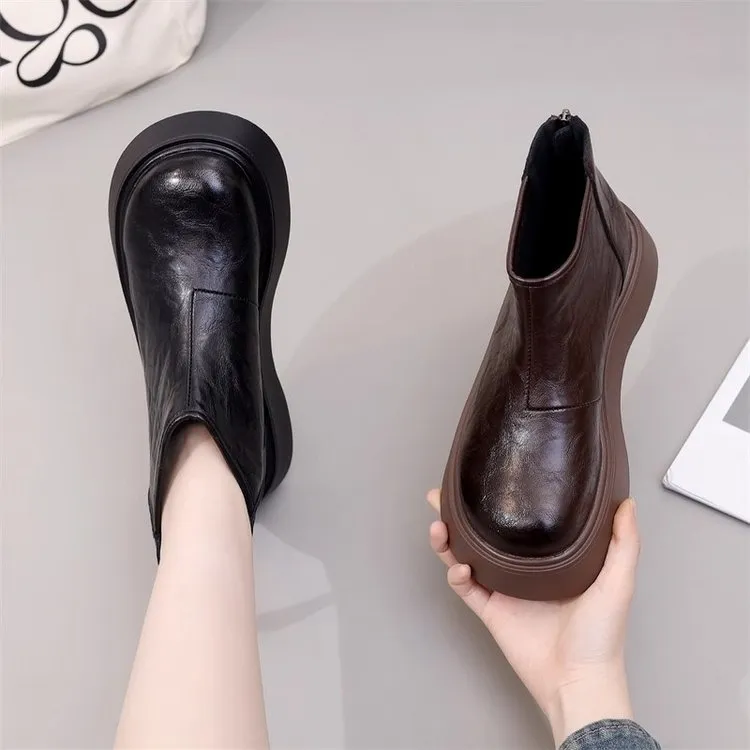 百搭厚底马丁靴女2025秋冬季新款复古圆头增高烟管靴气质加绒短靴