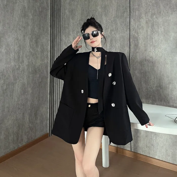 设计感小众时尚个性重工亮片花朵飘带西装外套女气质垫肩西服上衣