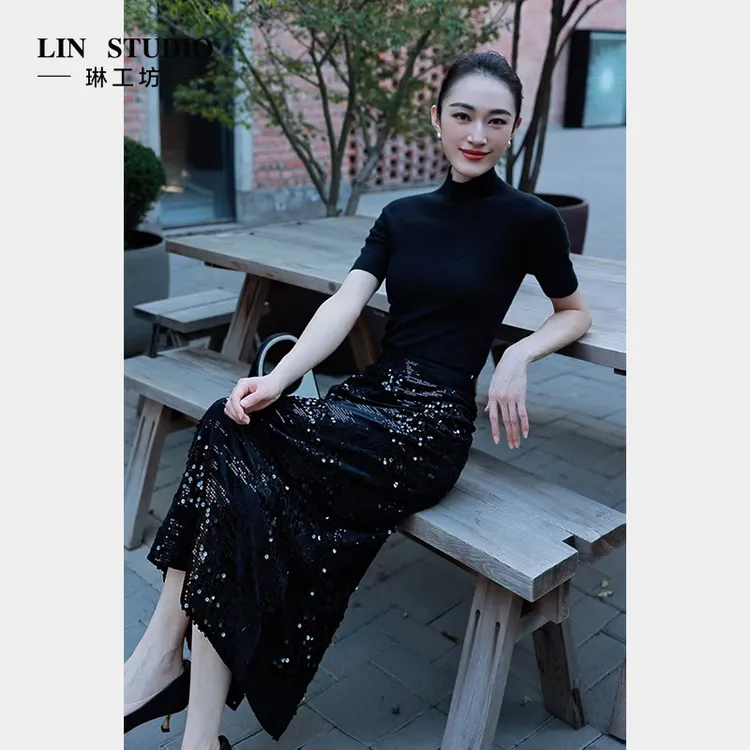 琳工坊“轻舟”黑色半裙丝绒亮片气质优雅显瘦时尚精致名媛唐琳设计