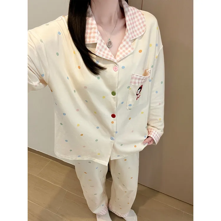 Meng luan/梦鸾格子领彩色波点睡衣女春秋日系可爱长袖长裤家居服