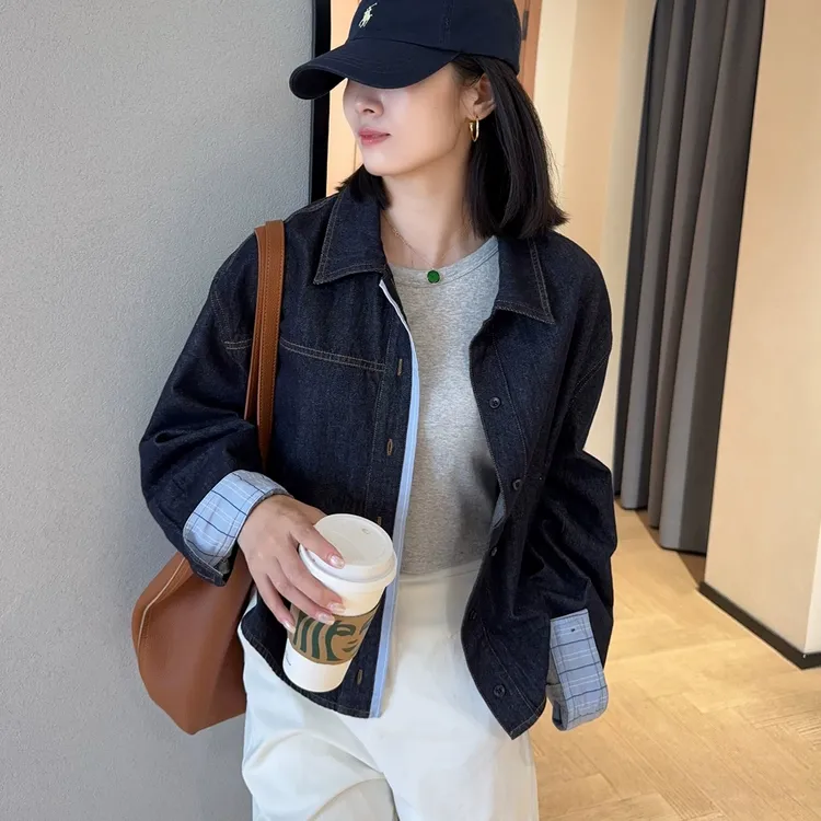 秋季新款翻领牛仔外套女高品质拼接格纹百搭短款设计感时尚上衣