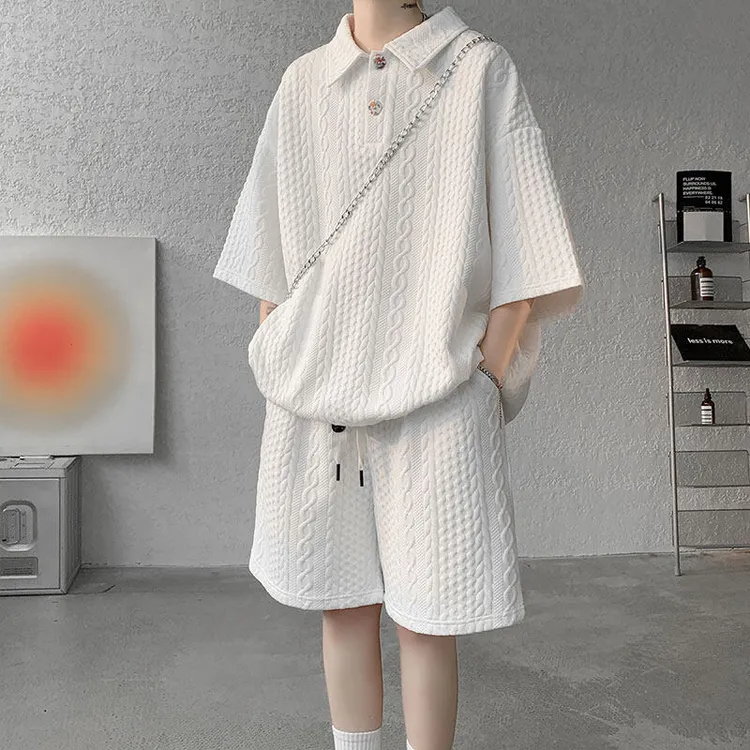 夏季新款套头t恤两件套情侣大码短袖短裤宽松华夫格休闲运动套装