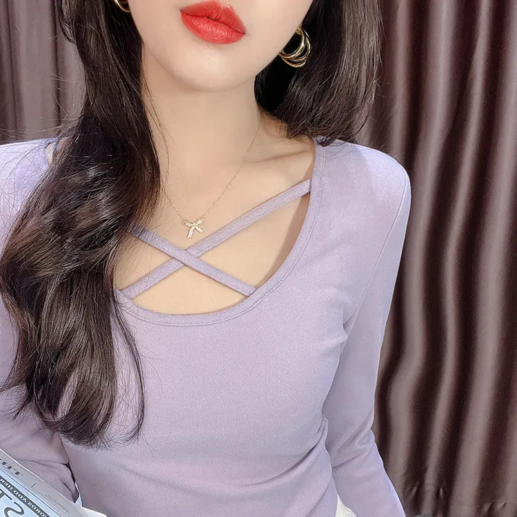 纯欲德绒打底衫女低圆领交叉设计感长袖T恤弧形下摆内搭收腰上衣