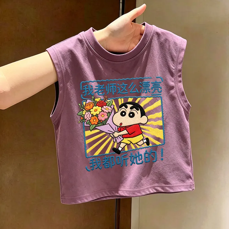 老师漂亮我都听她~男女童纯棉背心卡通宝宝儿童夏季上衣