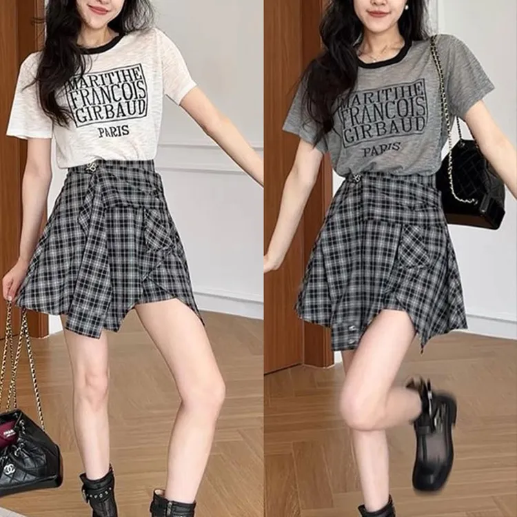 2025夏季时尚洋气薄款针织短袖T恤上衣显瘦百搭假两件裙裤套装女