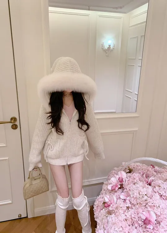 韩系软糯连帽毛领毛衣女秋冬慵懒高级松弛感宽松外穿针织开衫外套