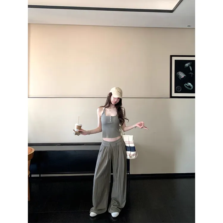 U领工字背心简约基础款时髦气质上衣吊带低腰拖地休闲裤夏季套装