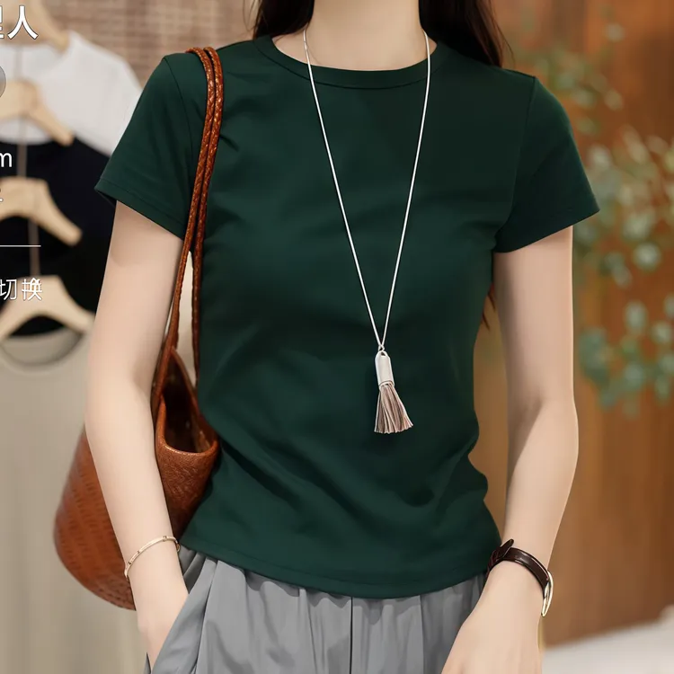 2025夏季新款简约光板短袖T恤女打底衫纯色设计感通勤百搭上衣潮
