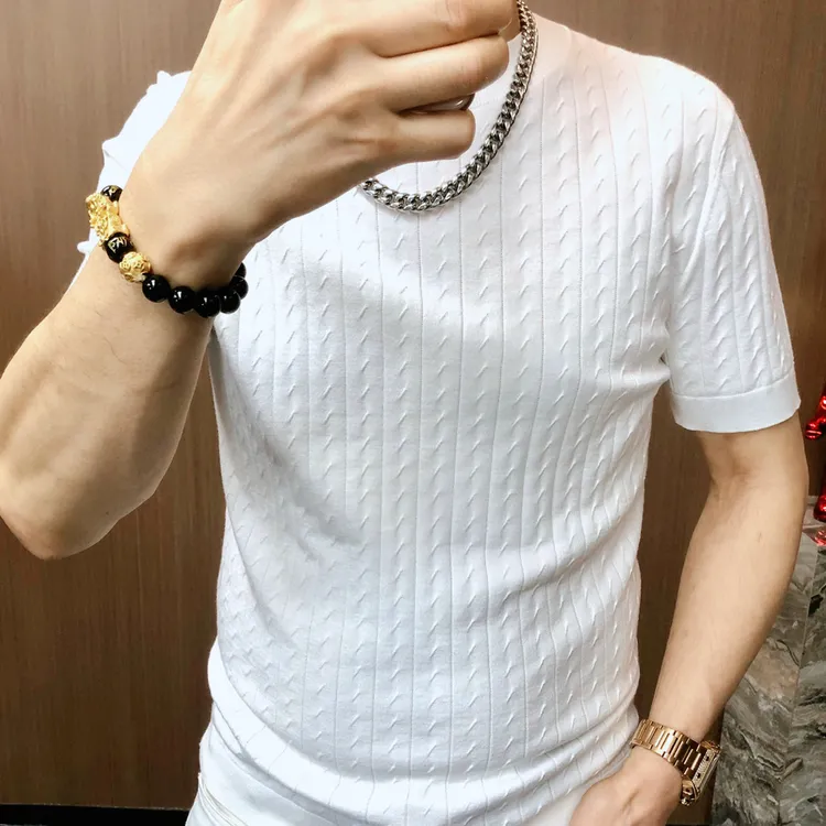（秋季轻奢）男士高端轻奢百搭针织商务提花老钱风圆领短袖T恤15787