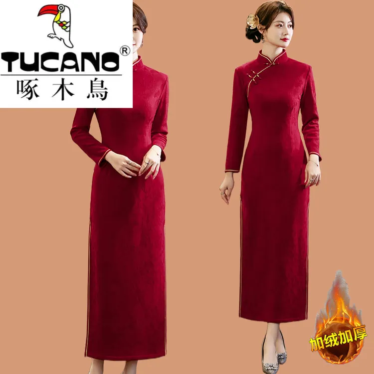 啄木鸟喜婆婆婚宴装加绒加厚旗袍连衣裙结婚妈妈装结婚礼服裙子平