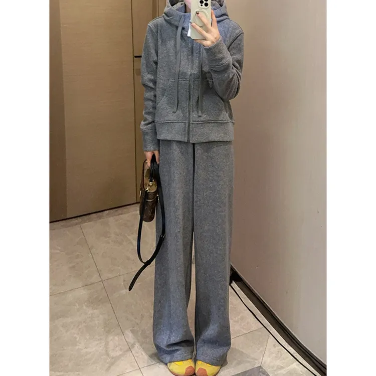 慵懒风秋冬加绒套装女连帽卫衣外套休闲阔腿长裤保暖加厚两件套 