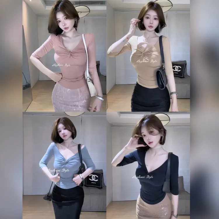 希野逸儿【玉肌弱骨】纯欲扭结v领修身上衣中袖打底衫2025夏季新款