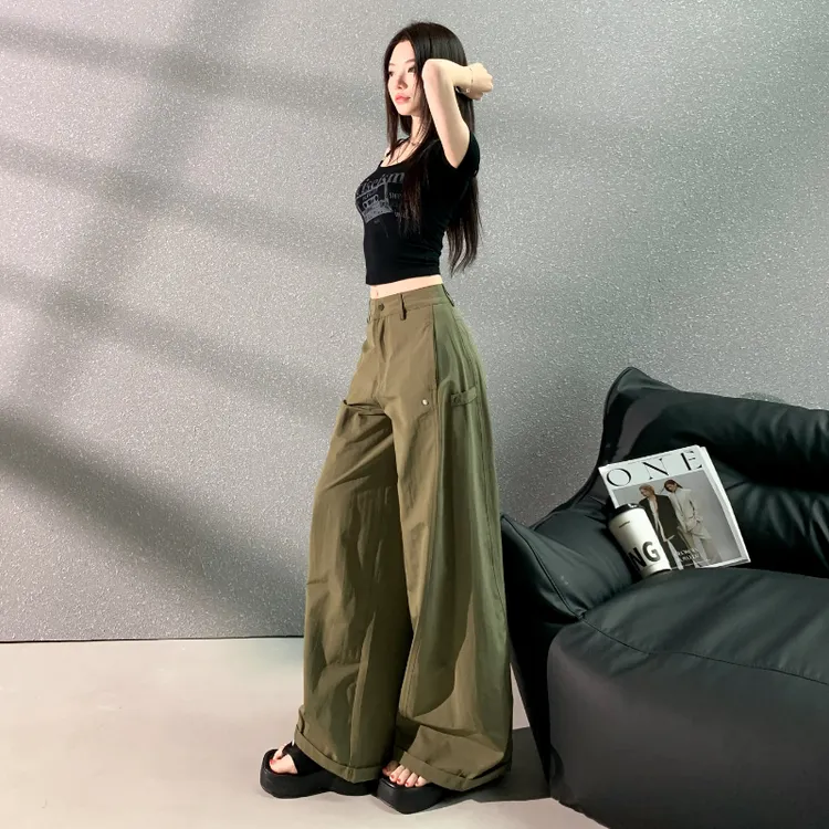军绿色美式复古工装裤女夏季薄款2025新款宽松显瘦垂感拖地阔腿裤