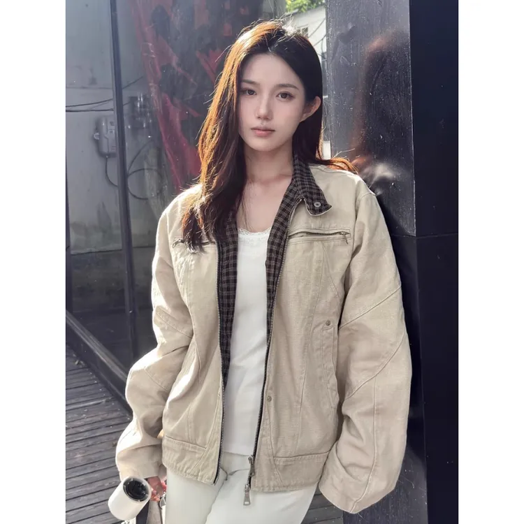 美式哈灵顿立领外套男款春秋cleanfit潮牌上衣千鸟格拼接短款夹克