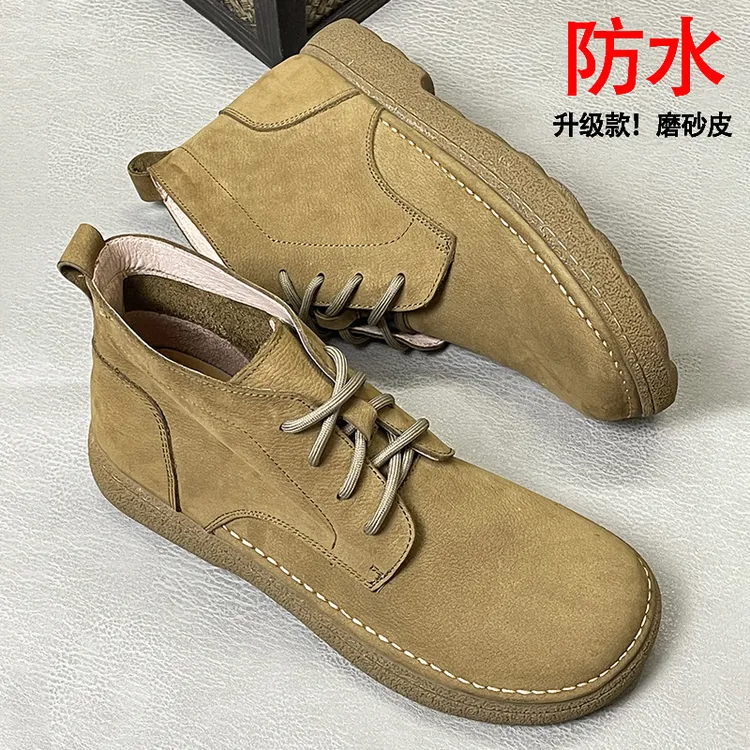 秋冬新款防水磨砂皮男士大头宽脚中高帮马丁靴真皮软底复古工装靴