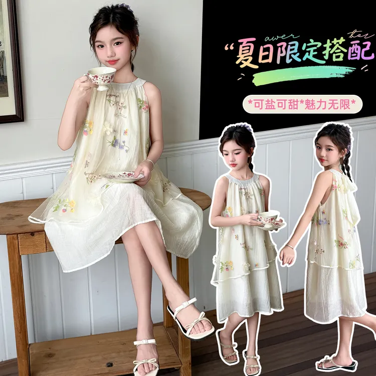 儿童衣服2025夏季立体刺绣公主无袖洋气连衣裙度假风优雅可露丽风
