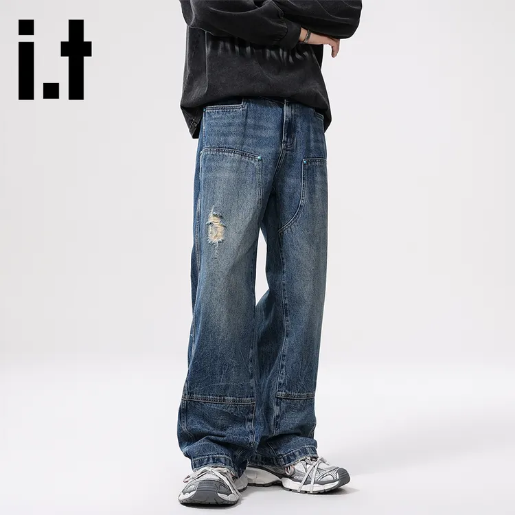 it:CHOCOOLATE2025秋季新款拼接做旧牛仔裤男款破洞宽松长裤子男