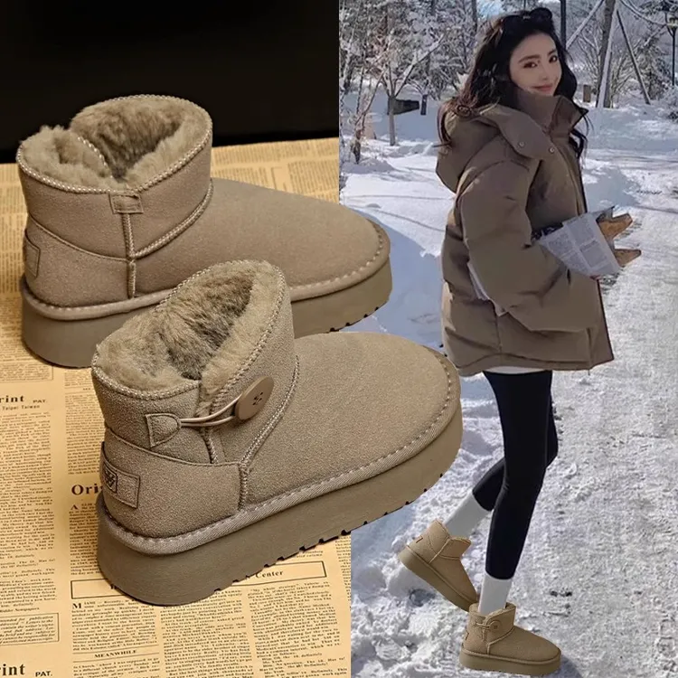 防水防滑厚底皮毛一体雪地靴女2025冬季新款加绒松糕短筒增高棉鞋