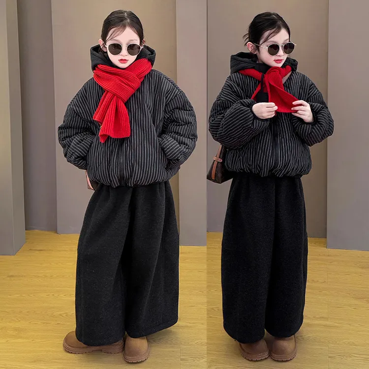 女童冬季新款过冬棉衣棉袄初中生内衬休闲宽松加绒九分裤子套装潮