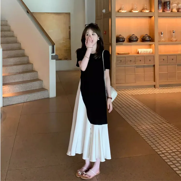 2025秋季时尚拼接短袖裙子中长裙长裙辣妈连衣裙收腰显瘦大码女装