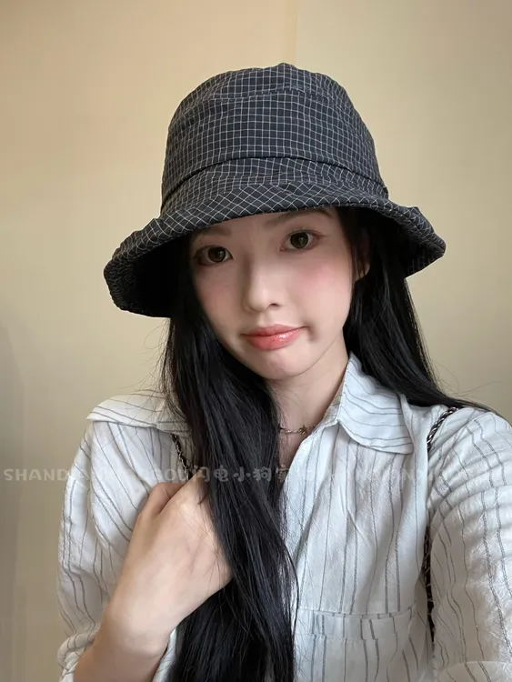 出口韩国定制版格子遮阳渔夫帽*高品质韩版春夏女盆帽夏季黑色