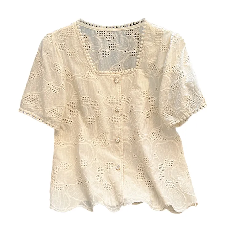 法式小香风钩花镂空刺绣方领短袖衬衫女2025夏季新款气质百搭上衣