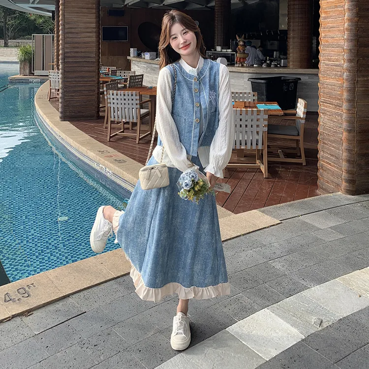 牛仔刺绣马甲长袖衬衫套装裙女春秋气质显瘦减龄拼接半身裙三件套