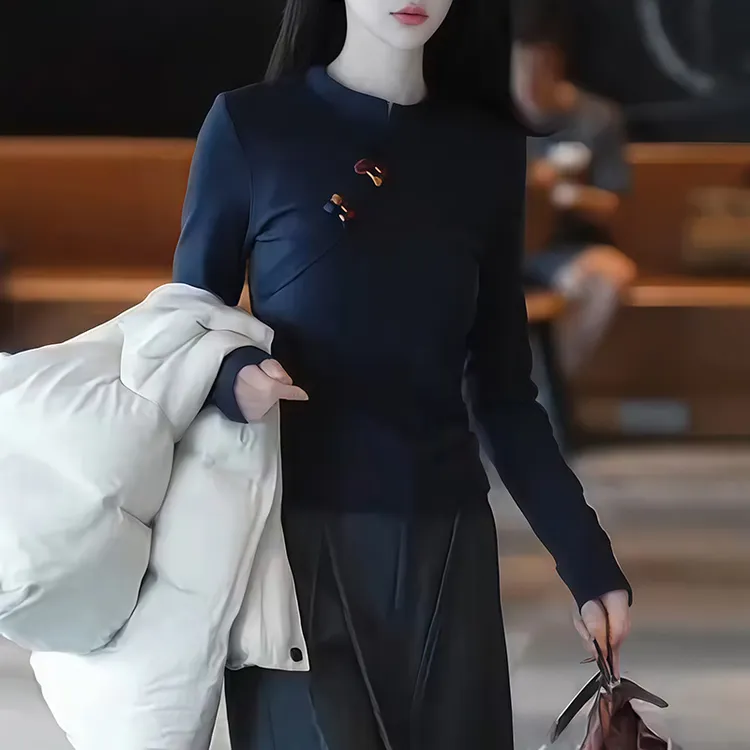 新中式国风设计感修身显瘦T恤女2025新款圆领高级长袖打底衫上衣