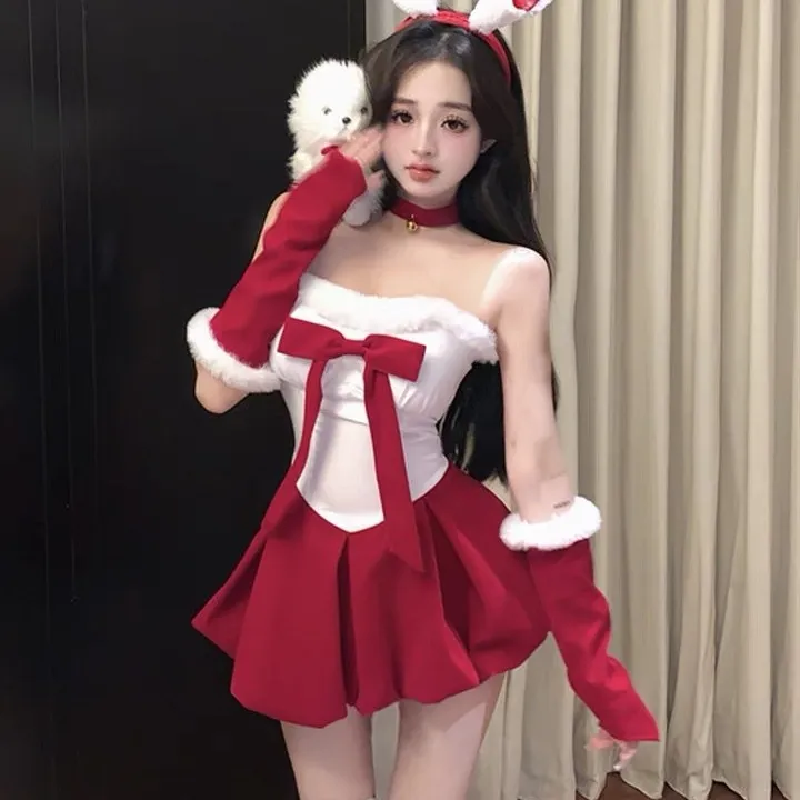 韩国绒战袍战衣圣诞战袍兔女郎角色扮演抹胸连衣裙