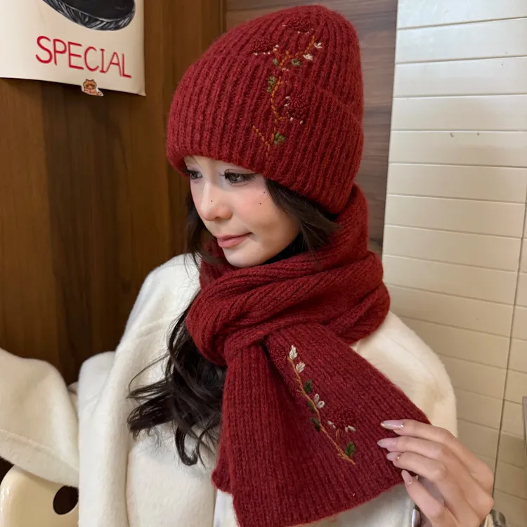 国风刺绣花朵复古含羊毛针织围巾帽子女冬百搭保暖护颈围脖包头帽