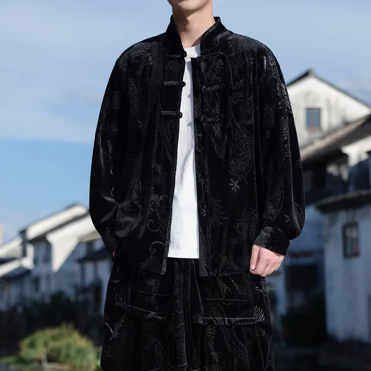 黑色金丝绒休闲汉服外套男秋季中国风龙袍唐装大码宽松盘扣太极服