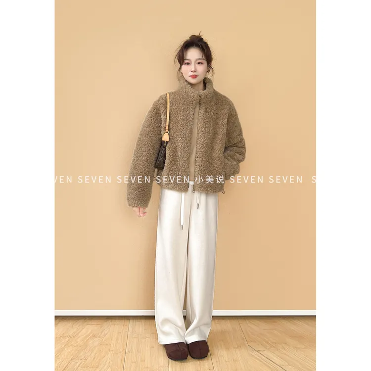 ⑦七七146小个子老钱风立领毛毛短外套女新款冬季保暖上衣小美说