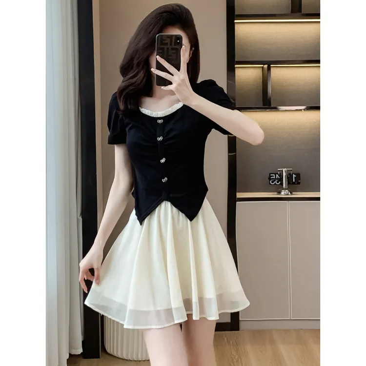 2025夏季新款气质法式小众小个子上下两件套裙显瘦短袖套装女