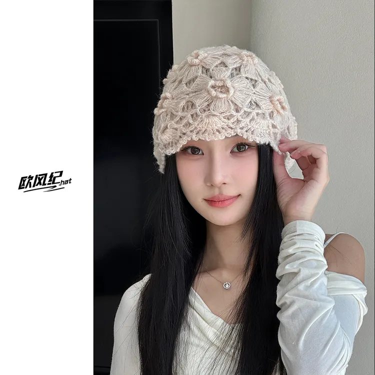 【复古双层手工钩花包头帽】秋冬保暖百搭针织帽时尚套头毛线帽女