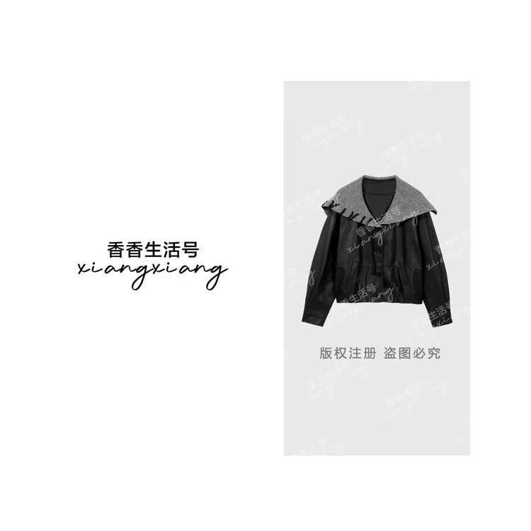 【香香专属】“甜酷俏皮“琥珀流光早秋新款海军领皮衣女短款外套8859