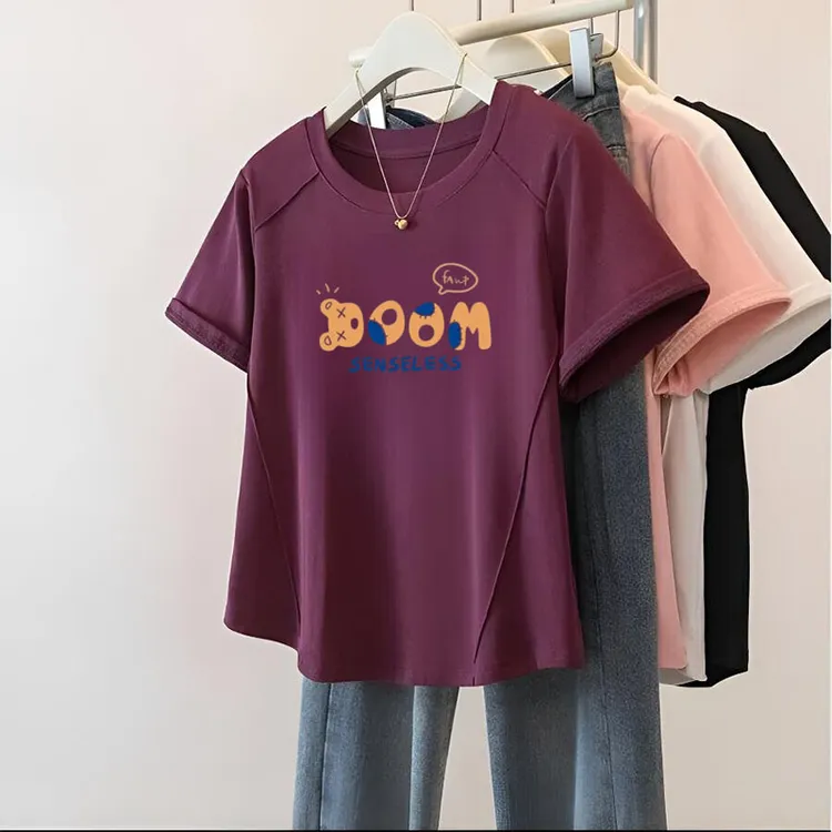 圆领百搭夏装宽松夏季女装鱼骨印花T恤大码短袖新款显瘦内搭正肩 