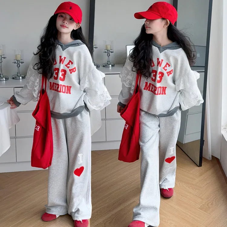 女童秋季爆款童装儿童套装洋气韩版花边袖卫衣刺绣裤子运动秋装潮