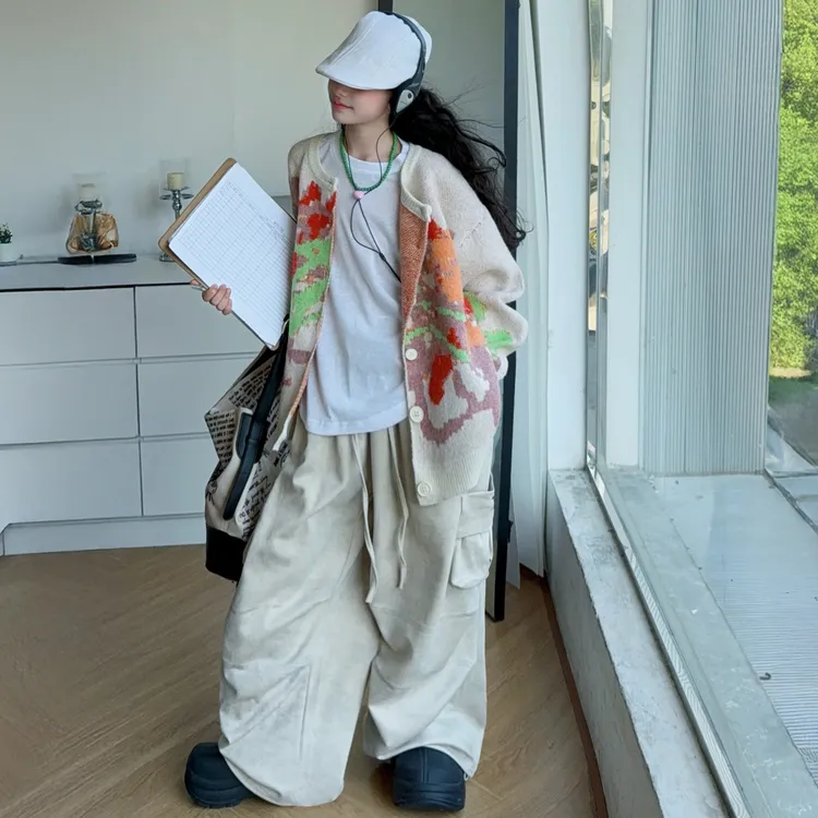 女童外套中大儿童秋装2025新款甜系开衫慵懒风毛衣工装裤潮酷套装