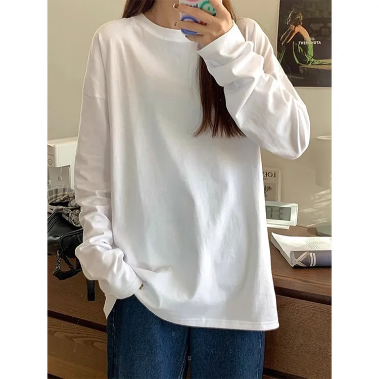 简约百搭白色套头内搭长袖T恤女秋季新款休闲宽松显瘦打底衫上衣