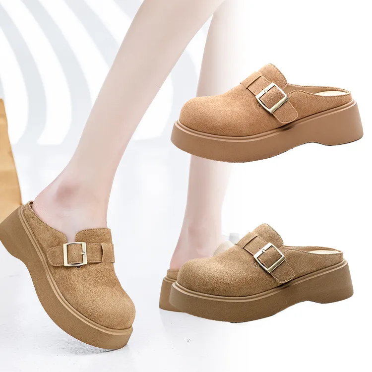 牛反绒厚底包头扣半女2025春季新款增高外穿博肯鞋女