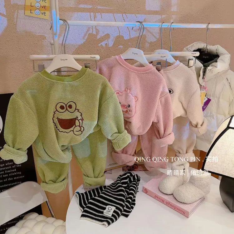 儿童睡衣加厚珊瑚绒法兰绒套装冬季宝宝保暖套头家居服可爱风加绒