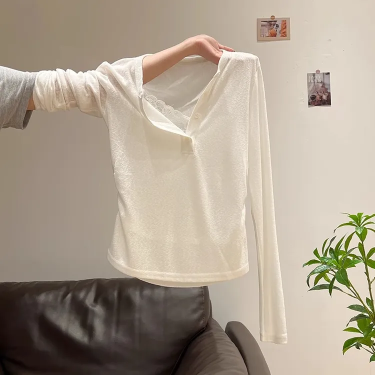 假两件蕾丝拼接长袖薄款防晒T恤女夏季新款透气显瘦修身洋气上衣