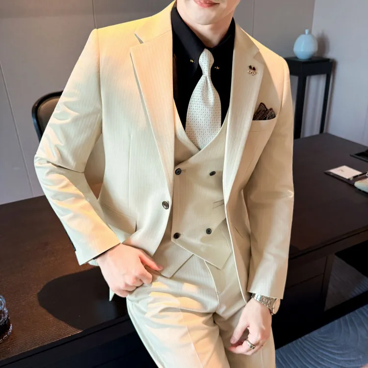 暗条纹西装男套装秋冬新款高品质修身挺括垂感商务正装西服三件套