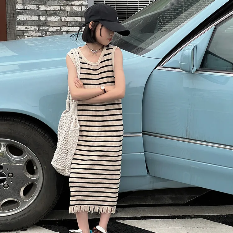 女童韩版时尚夏季女孩条纹无袖长款连衣裙2025新款中大童5-15岁潮