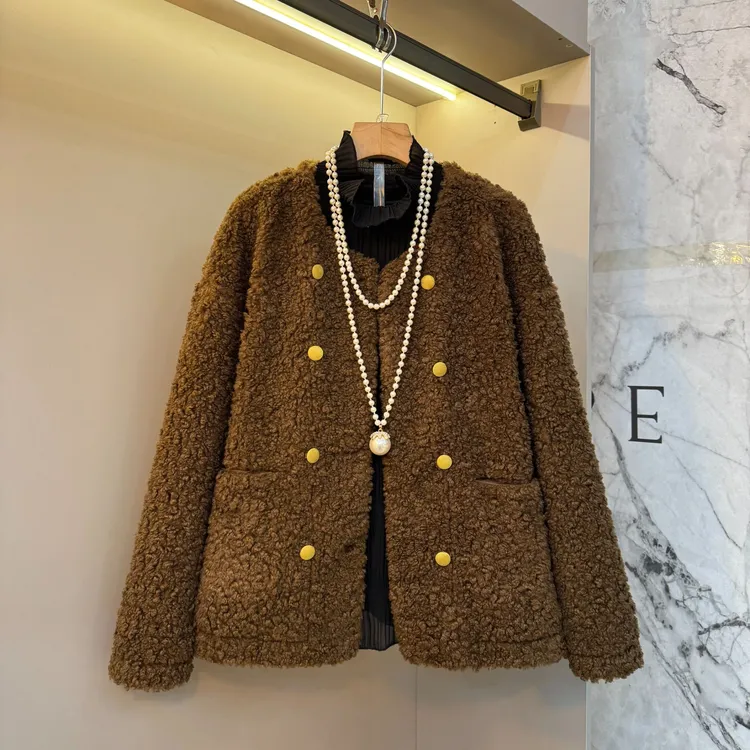 2025冬新款小香风撞色休闲百搭时尚毛茸茸大码棉服外套5177