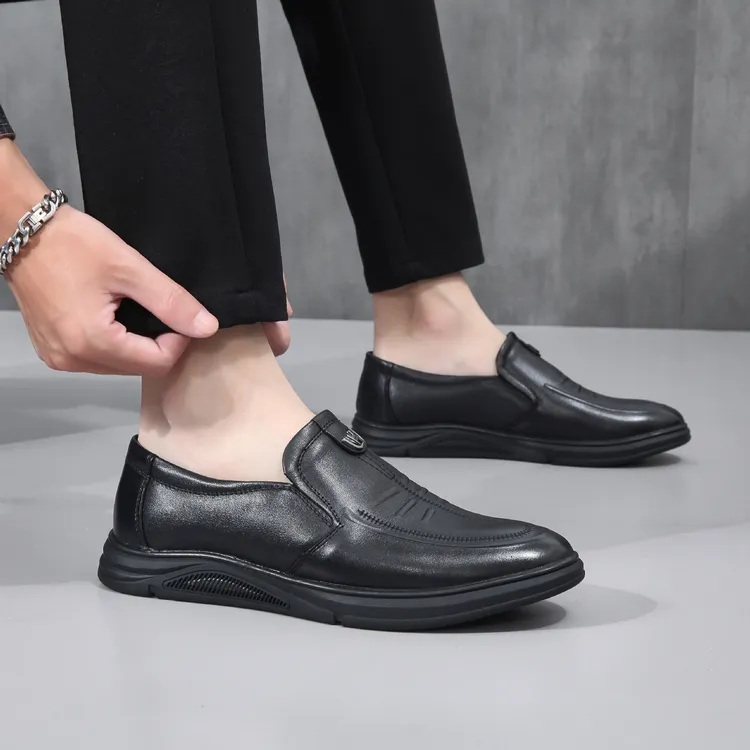 秋季新款男士真皮单鞋鞋子男中老年一蹬男鞋懒人鞋百搭皮鞋舒适防