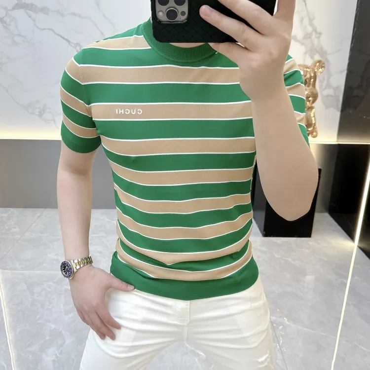 度尚-2025新款男士夏季高品质冰麻针织时尚潮流圆领撞色短袖t恤
