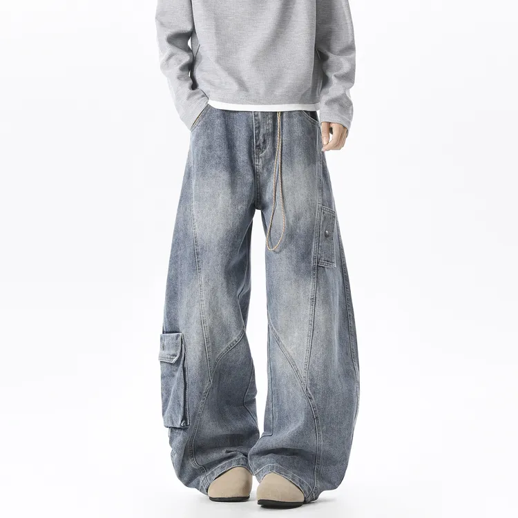 QYDD潮牌美式弯刀裤高级感痞帅裤子男早秋中性风工装牛仔裤子