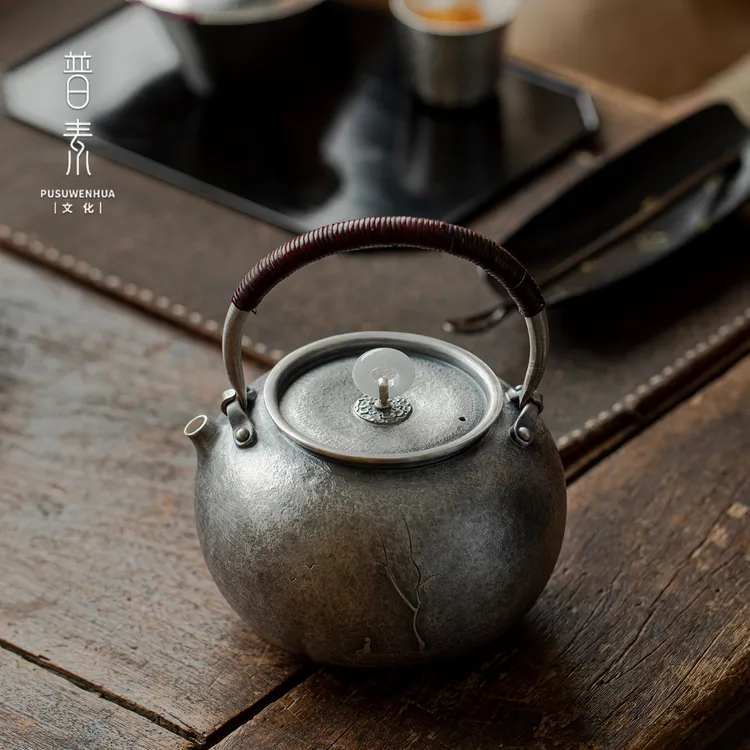 普素 禅意煮水壶煮茶壶纯银999手工一张打提梁壶复古中式茶壶家用